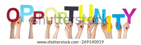 Many Caucasian People And Hands Holding Colorful Letters Or Characters Building The Isolated English Word Opportunity On White Background