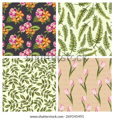 Set of seamless vintage pattern with painted flowers, leaves and plants. Vector illustration