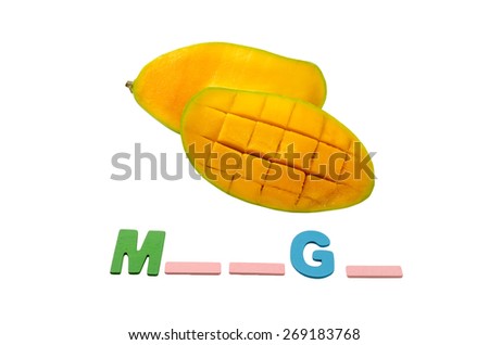 Mango and colorful alphabet M and G with 3 blank spaces on white background