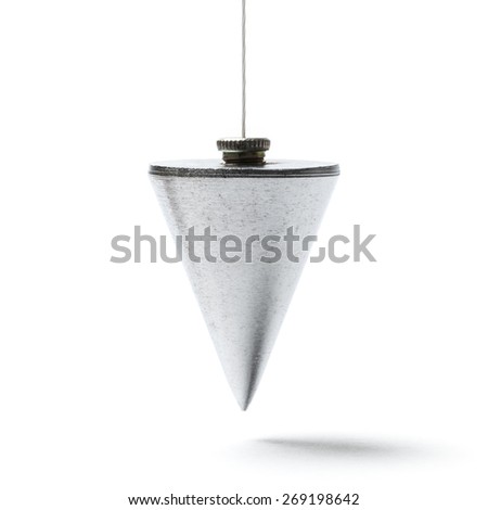 Metal plummet in the form of a cone hanged on a cord. Image is square and the object is isolated on white. Royalty-Free Stock Photo #269198642