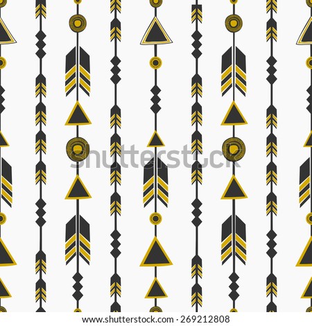 Seamless pattern with arrows in black and golden, tribal repeat background.
