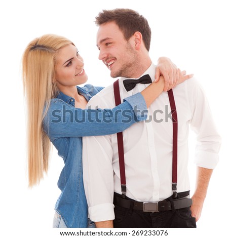 Young beautiful hipster couple isolated on white background
