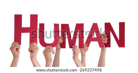 Many Caucasian People And Hands Holding Red Straight Letters Or Characters Building The Isolated English Word Human On White Background
