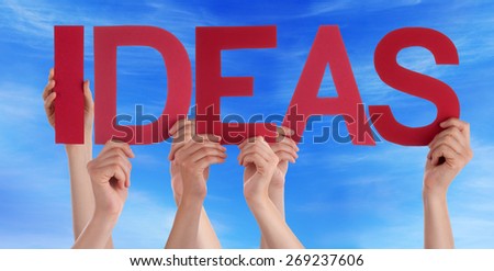 Many Caucasian People And Hands Holding Red Straight Letters Or Characters Building The English Word Ideas On Blue Sky