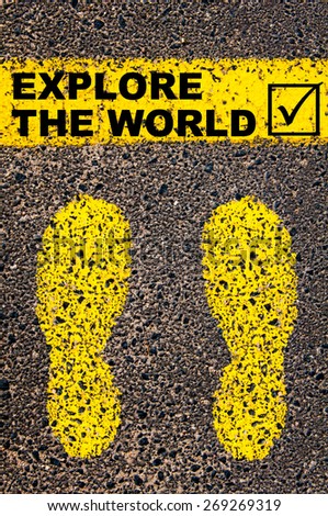 Conceptual image with yellow paint footsteps on the road in front of horizontal line over asphalt stone background. Message Explore the World and check mark sign.