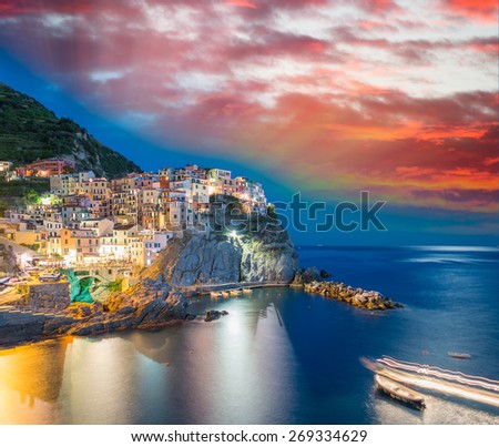 Sunset over Manarola with Boat approaching, Five Lands.