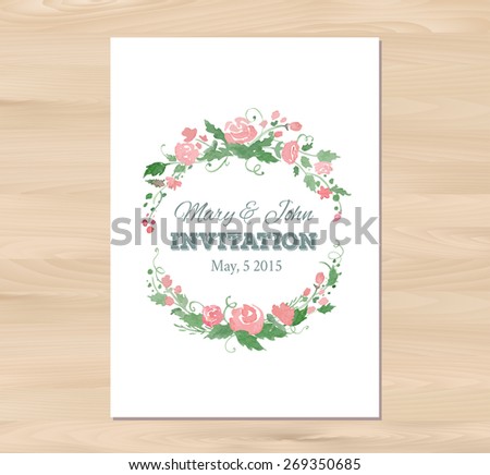 Vector illustration - wedding invitation with watercolor flowers and typographic elements. Card template on a wooden background. Free fonts used: Nexa Rust, Alex Brush, Crimson