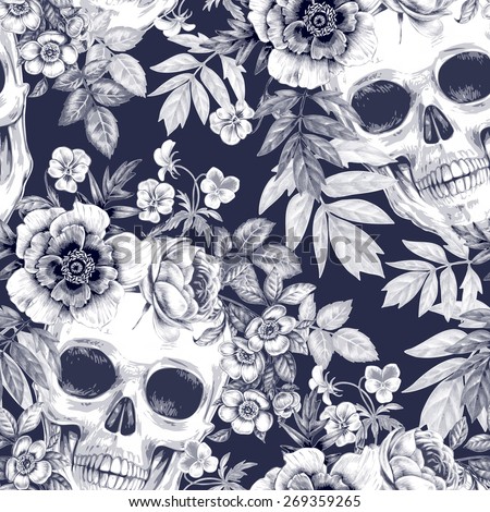 Vector seamless background. Wreaths of garden flowers and skulls. Roses, peonies. Design for fabrics, textiles, paper, wallpaper, web. Retro. Vintage style. Floral ornament. Black and white.
