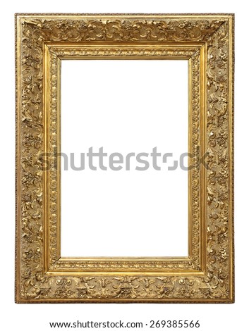 Vintage gold color picture frame isolated on white background