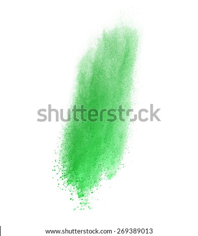 Freeze motion of green powder exploding, isolated on white background. Abstract design of white dust cloud. Particles explosion screen saver, wallpaper with copy space. Planet creation concept