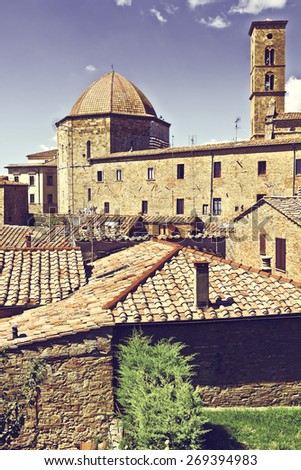 View of the Medieval City of Volterra in Italy, Vintage Style Toned Picture