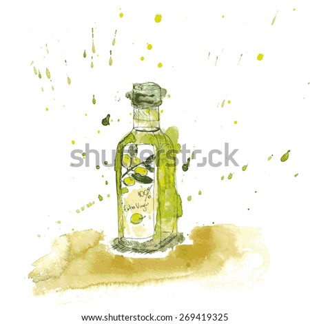 Watercolor bottle of olive oil with splashes and spots, sketch vector