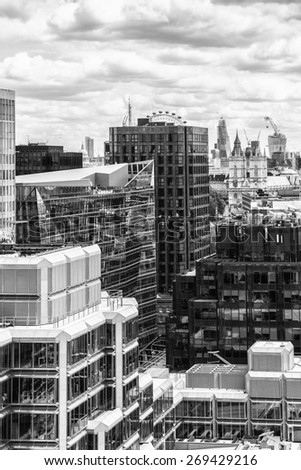 Panoramic view from Westminster Cathedral on Roofs and Houses of London, United Kingdom. Black and white.
