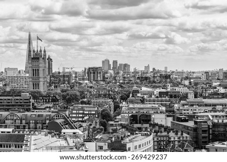 Panoramic view from Westminster Cathedral on Roofs and Houses of London, United Kingdom. Black and white.
