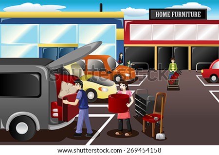 A vector illustration of couple loading new furniture from the store