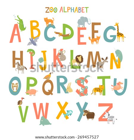 Cute zoo alphabet in vector with different animals. Vector illustration.