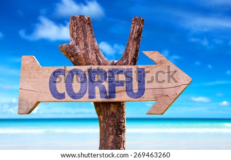 Corfu wooden sign with beach background