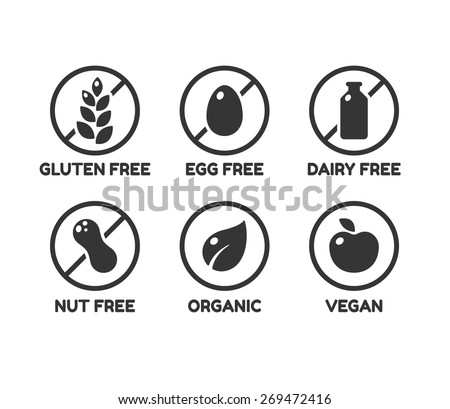 Set of icons illustrating absence of common food allergens (gluten, dairy, egg, nuts) plus vegan and organic signs.
