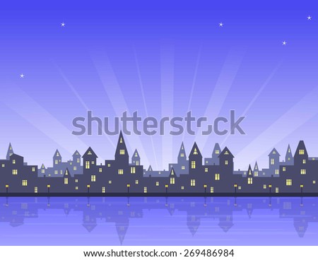 morning in old city, embankment with lanterns, sea, blue sky with stars and sun rays, vector illustration