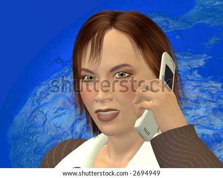 A 3d illustration of a business woman on the phone in front of a world map