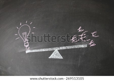 Financial concept designed with colored chalk on blackboard. This photo may use as financial background. Illustration is showing the balance between currency and idea and concept. 