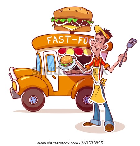 Cartoon fast-food car with the seller of hamburgers. Happy young man with hamburger. Vector clip-art illustration on a white background.