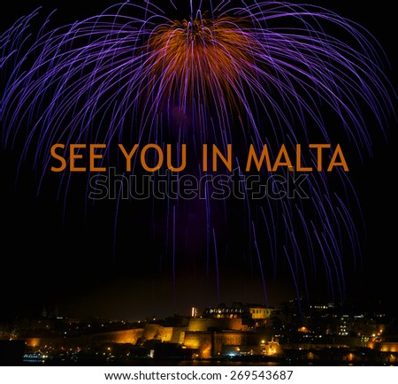 Motivation and invitation card for travel to Malta fireworks festival. Fireworks. Invitation card with colorful fireworks background in Malta with space for your text, square photo. Explode.Malta