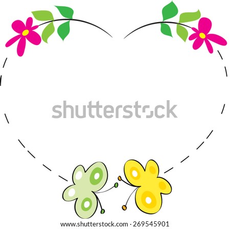 vector drawing heart shape border with flowers and butterfly