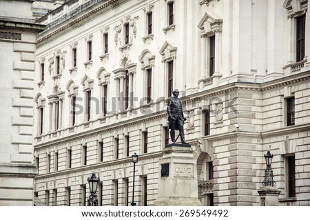 Robert Clive's statue and Churchill War Rooms in London, Great Britain. Royalty-Free Stock Photo #269549492