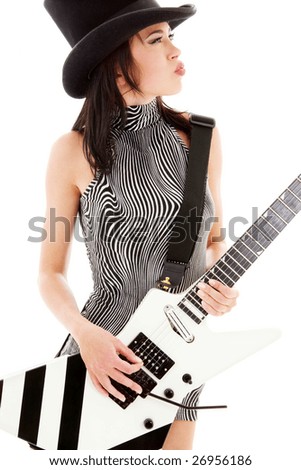 picture of girl with electric guitar over white