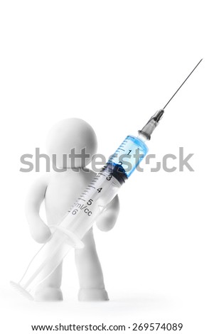 Plasticine man with syringe isolated on white background