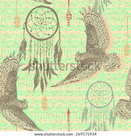 Seamless vector illustration with dream catchers and owls on the tribal seamless background. hand drawn illustration. Vintage background. Geometrical Ethnic Print Ornament