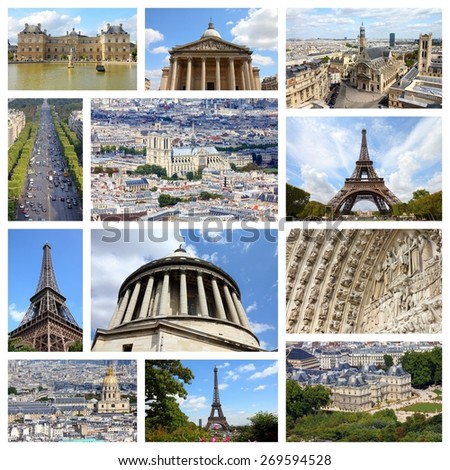 Paris, France - travel photo collage with Pantheon, Luxembourg Palace and Eiffel Tower.