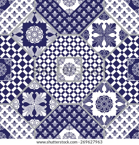 Vector seamless patchwork background from dark blue and white ornaments, geometric patterns, stylized flowers and leaves Royalty-Free Stock Photo #269627963