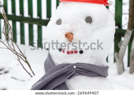 Happy Christmas snowman in a red bucket background.