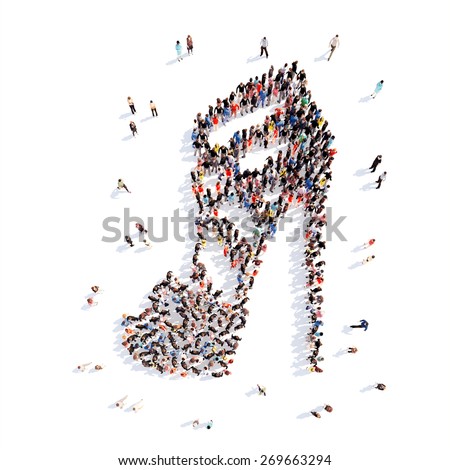 Large group of people in the form of shoes. Isolated, white background.