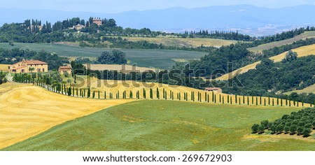 Crete senesi characteristic landscape in province of Siena (Tuscany, Italy) at summer. Royalty-Free Stock Photo #269672903
