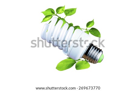 Fluorescent bulb as a symbol of environmental conservation on a white background