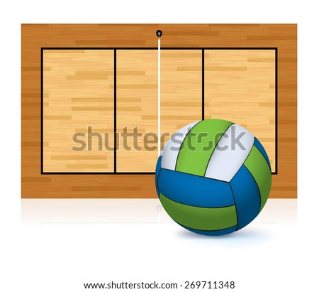 An illustration of a blue and green volleyball isolated on a white floor with a volleyball court in the background. Vector EPS 10. EPS contains transparencies and a gradient mesh.
