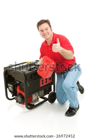 Man fueling his portable emergency generator gives thumbs up sign.  Isolated on white.