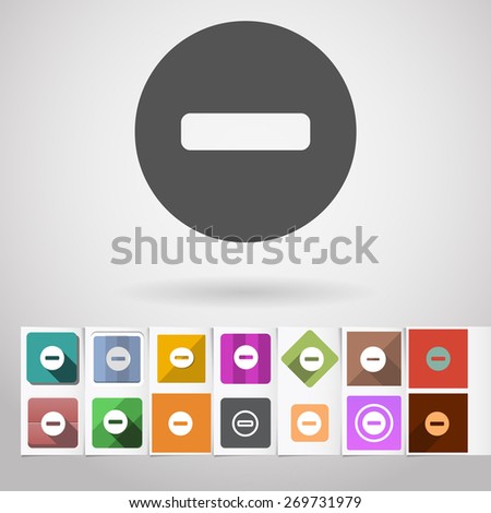 Colored vector flat minus square icon and buttons set. Design elements on paper styled background