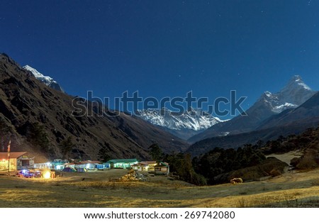 Tengboche monastery in the Moonlight. Mount Everest on the background - Nepal, Himalayas