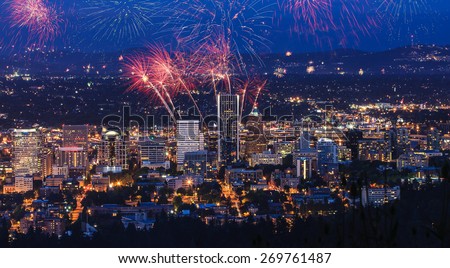 View of Portland Oregon, USA from Pittock Mansion during a Fireworks Show