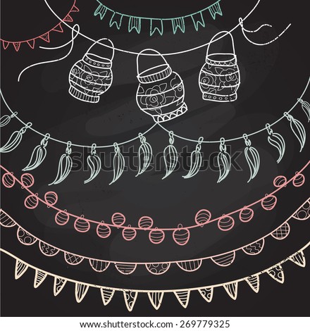 Hand Drawn Vector Garlands, lanterns and Bunting Flags