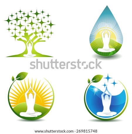 Relaxation symbols. Woman meditate at the front of abstract tree with stars, drop as a fields and sunrise, abstract water wave.