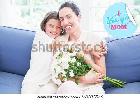mothers day greeting against mother and daughter smiling at camera
