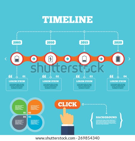 Timeline with arrows and quotes. Battery charging icons. Electricity signs symbols. Charge levels: full, half and low. Four options steps. Click hand. Vector