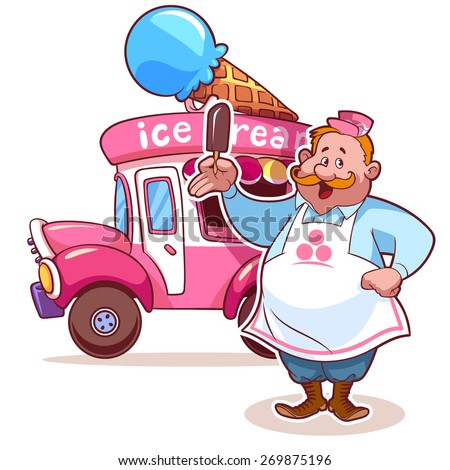 Cartoon ice cream car with the seller. Fat man in apron. Pink car. Vector clip-art illustration on a white background.