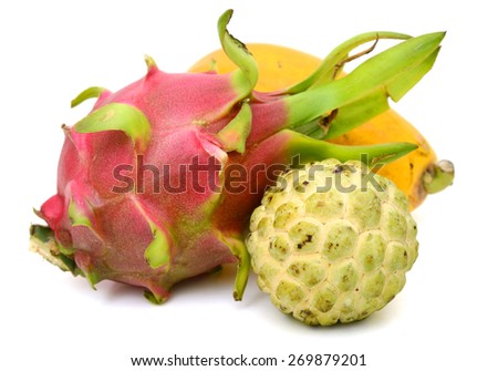 Sugar Apple, papaya and  Dragon fruit on white background.