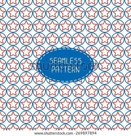 Geometric patriotic seamless pattern with red, white, blue stars. American symbols. USA flag. 4th of July. Wrapping paper. Paper  scrapbook. Tiling. Vector nautical illustration starry background. 